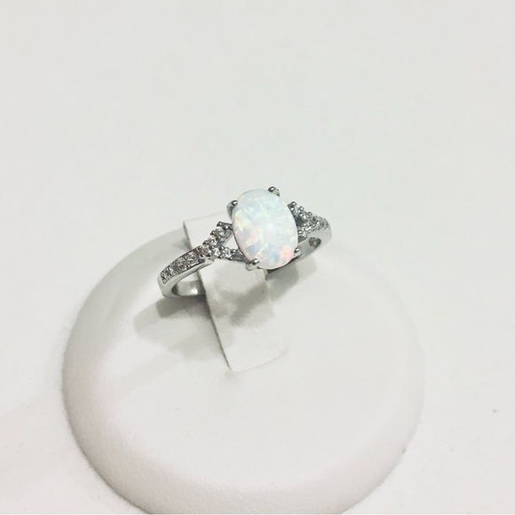 Jewelry - Sterling Silver Solitaire White Lab Opal Ring with CZ, Engagement Rings